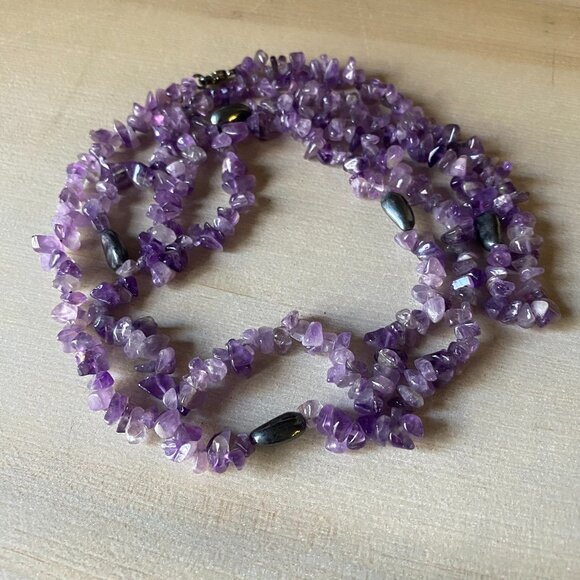 Polished amethyst chip with 925 sterling silver beads necklace 40" boho earthy - Picture 1 of 8